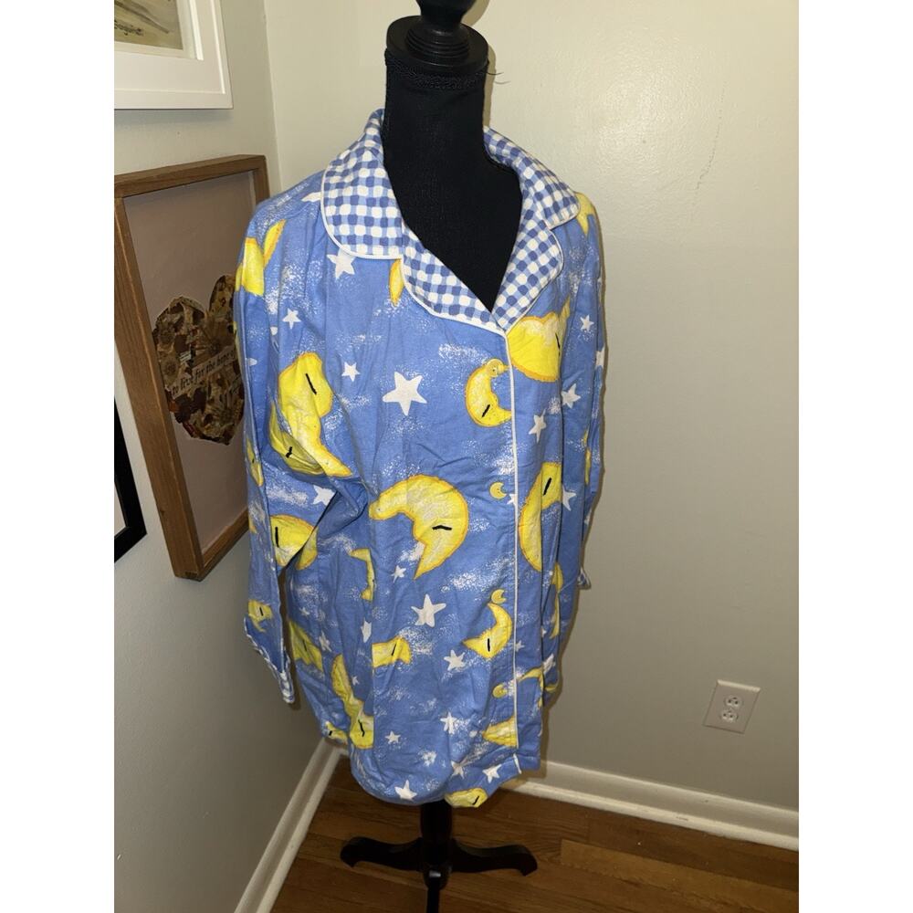 Vtg Canyon Group Damze Moon and Stars Nightshirt Large Blue Gingham Celestial